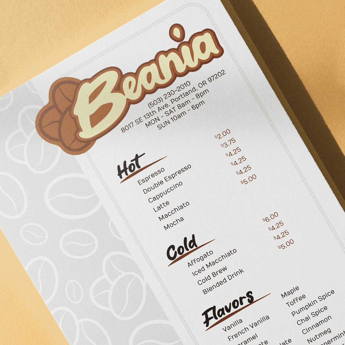 Photo of a drink menu for Beania. Visual overview of Beania Coffee Shop's brand style guidelines and branding kit, including logo, color palette, and design elements.