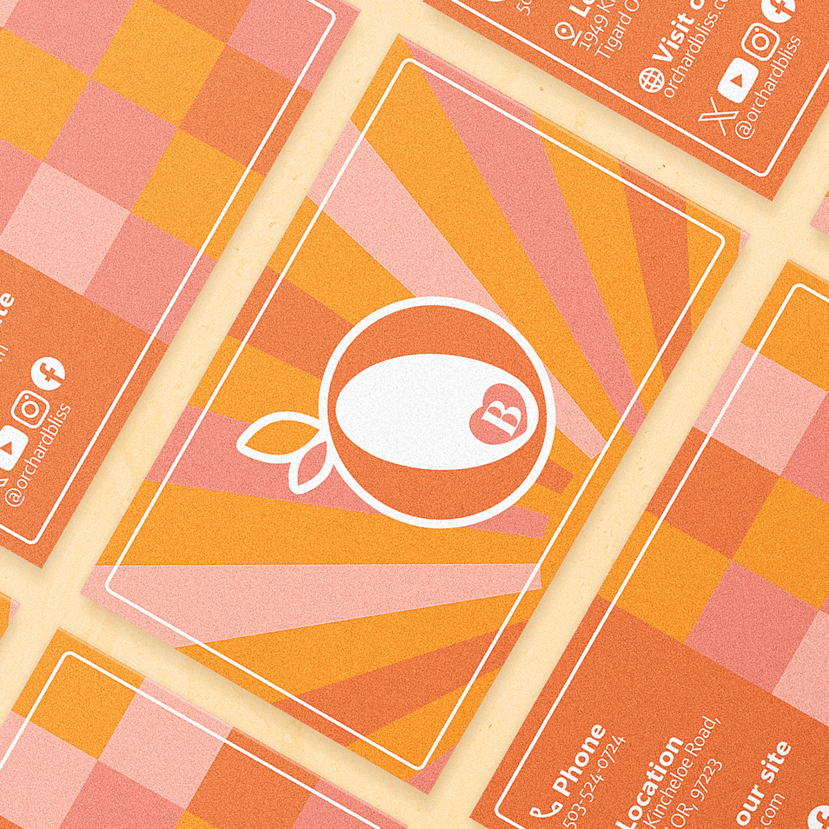 Brand design, guidelines, and kit for Orchard Bliss, a vibrant orchard specializing in artisanal jams, featuring bold and friendly visual elements.
