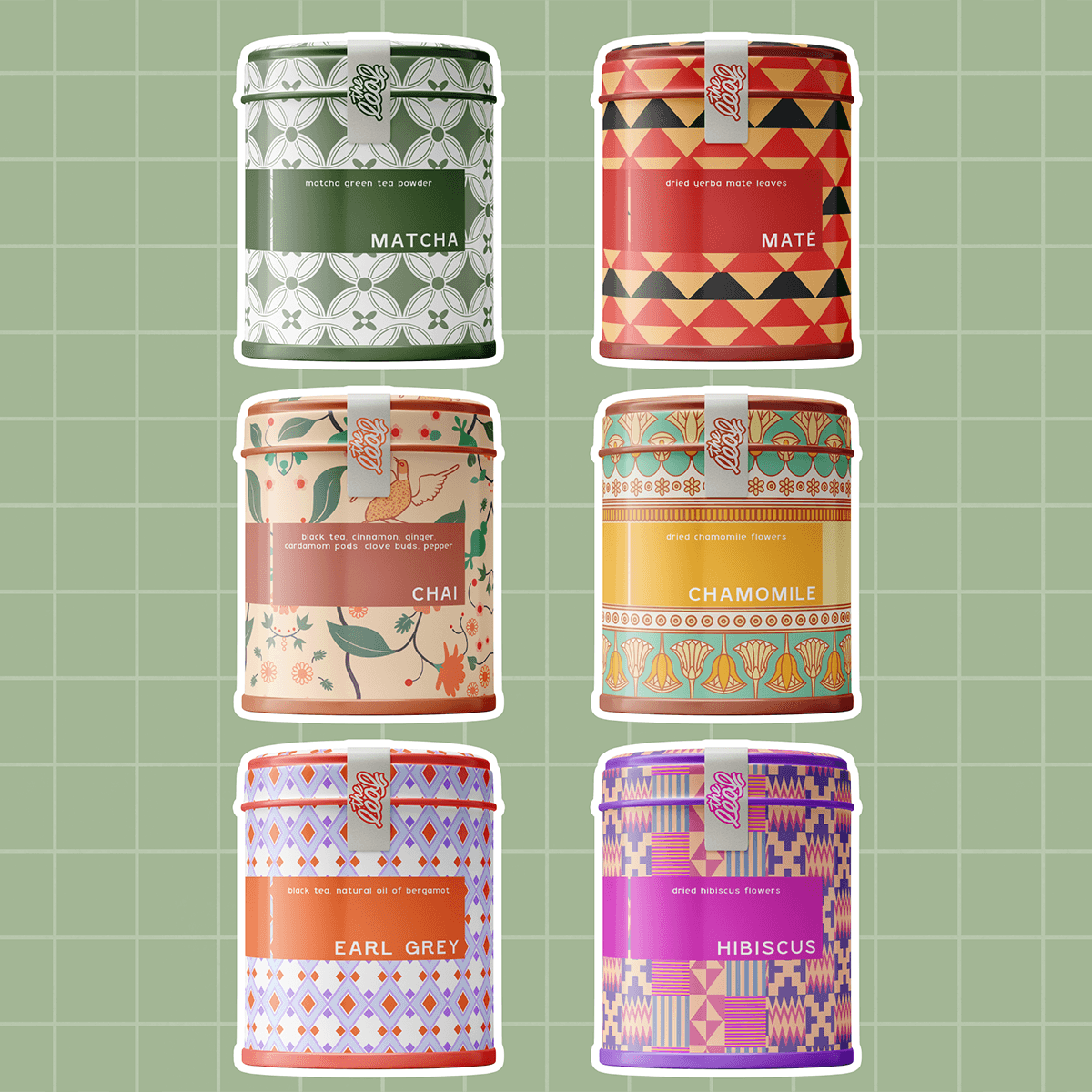 Various colorful tea tins for The Leaf brand packaging featuring vibrant colors and intricate patterns that celebrate global tea traditions.