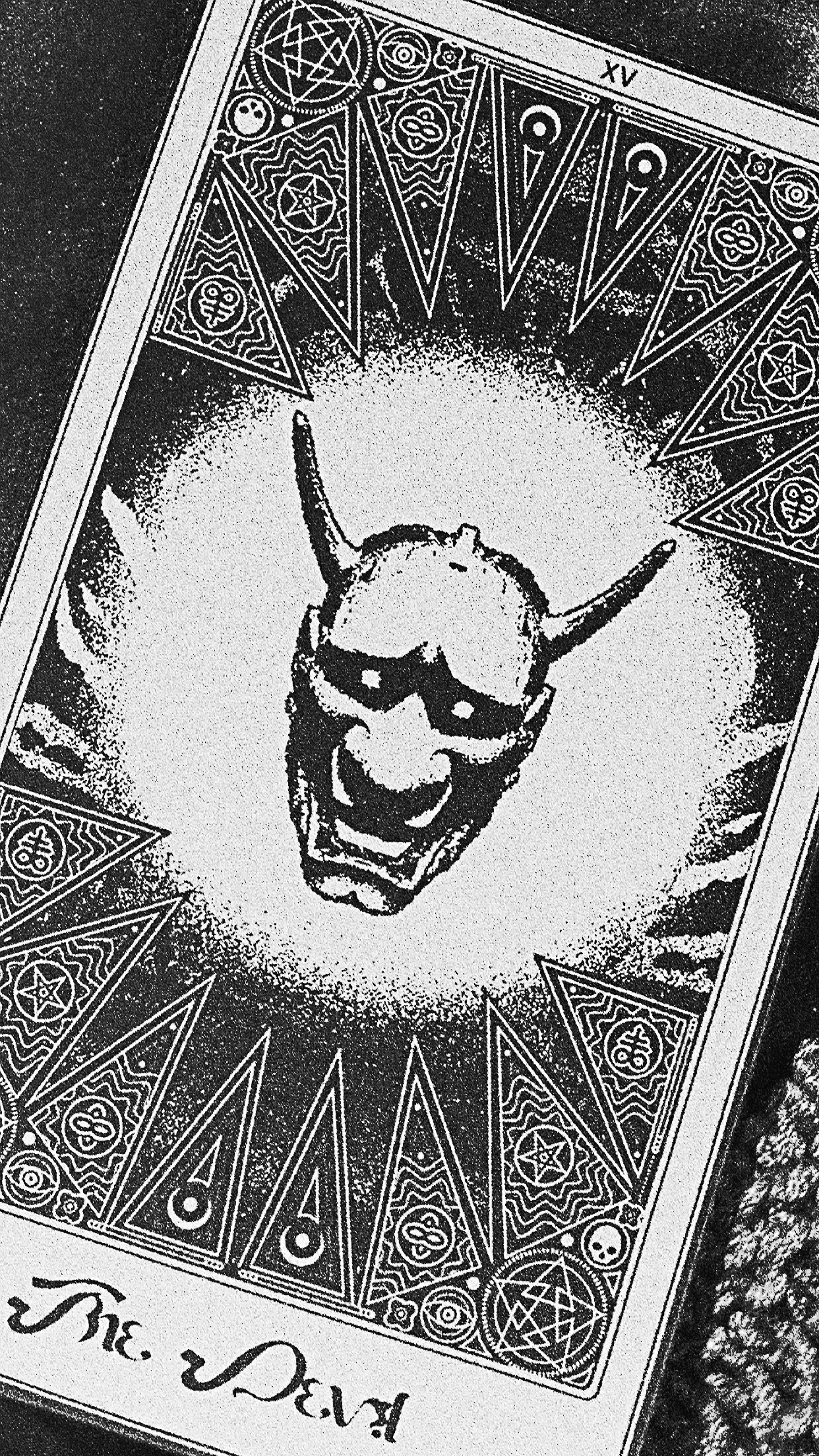 A black and white photograph of The Devil card from the esoteric art history Tarot cards from a custom collection by ickysailor.com