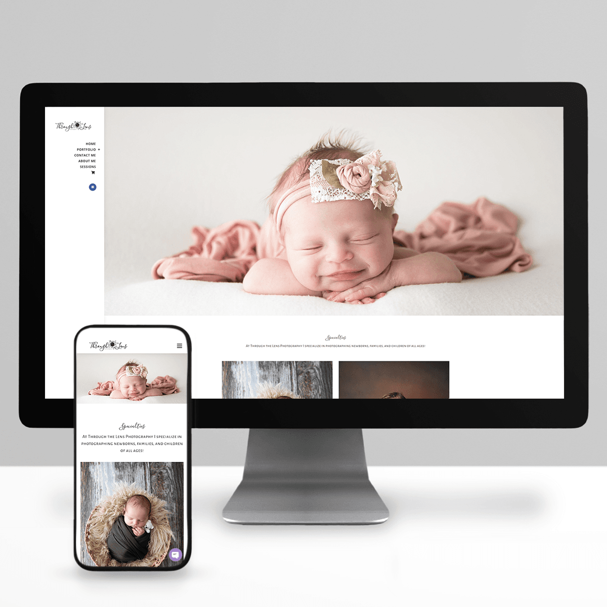 A photo showing a responsive website design on multiple devices, including a wide screen monitor and an iPhone14 smartphone.