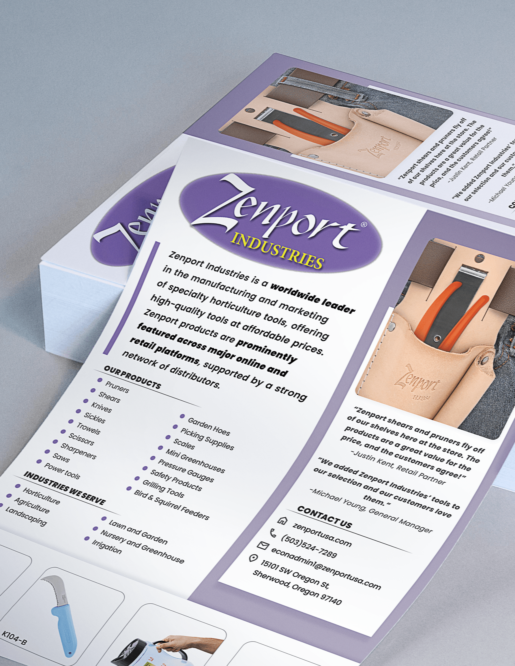 Marketing materials for Zenport Industries, including product photos, flyers, advertisements, and catalogs.