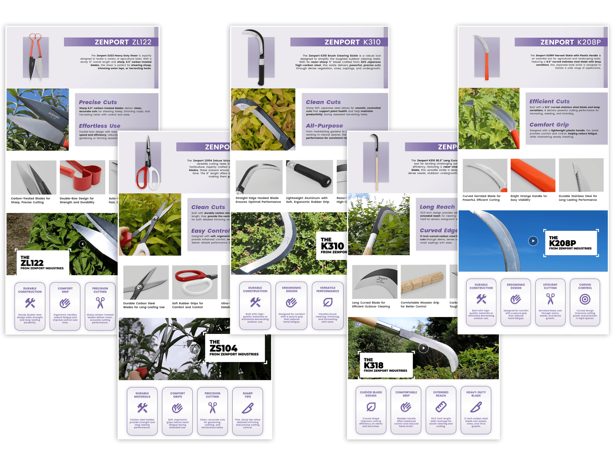 Marketing materials for Zenport Industries, including product photos, flyers, advertisements, and catalogs.