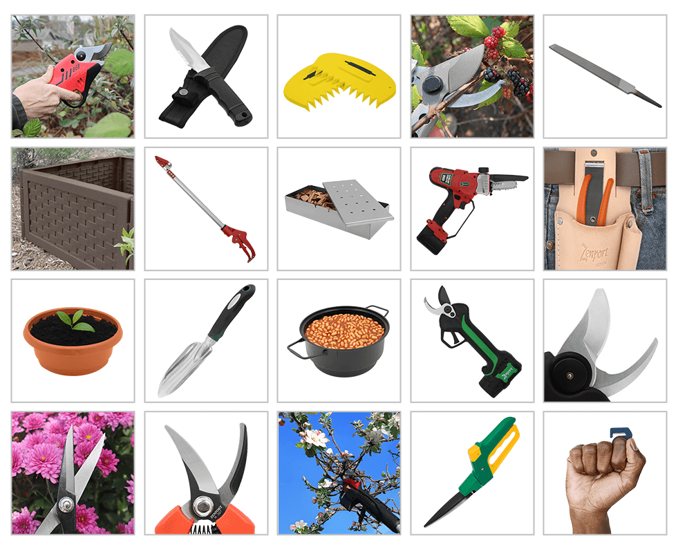 Marketing materials for Zenport Industries, including product photos, flyers, advertisements, and catalogs.